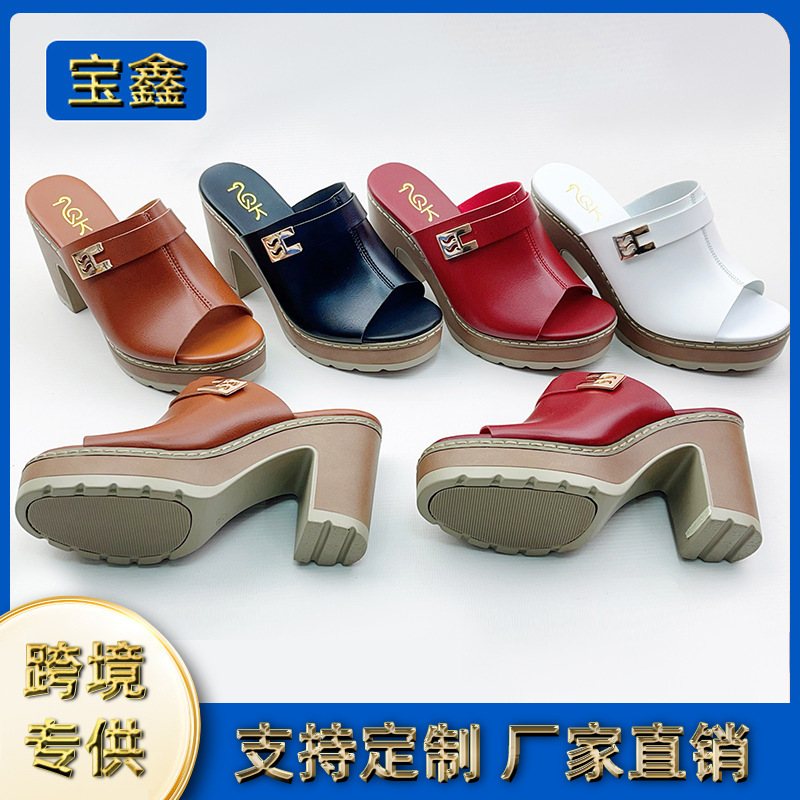 New Cross-Border Fashion Shoes High-Heeled Slippers Internet Celebrity Round Toe Solid Color Simple Outer Slippers Women's Waterproof Platform European and American