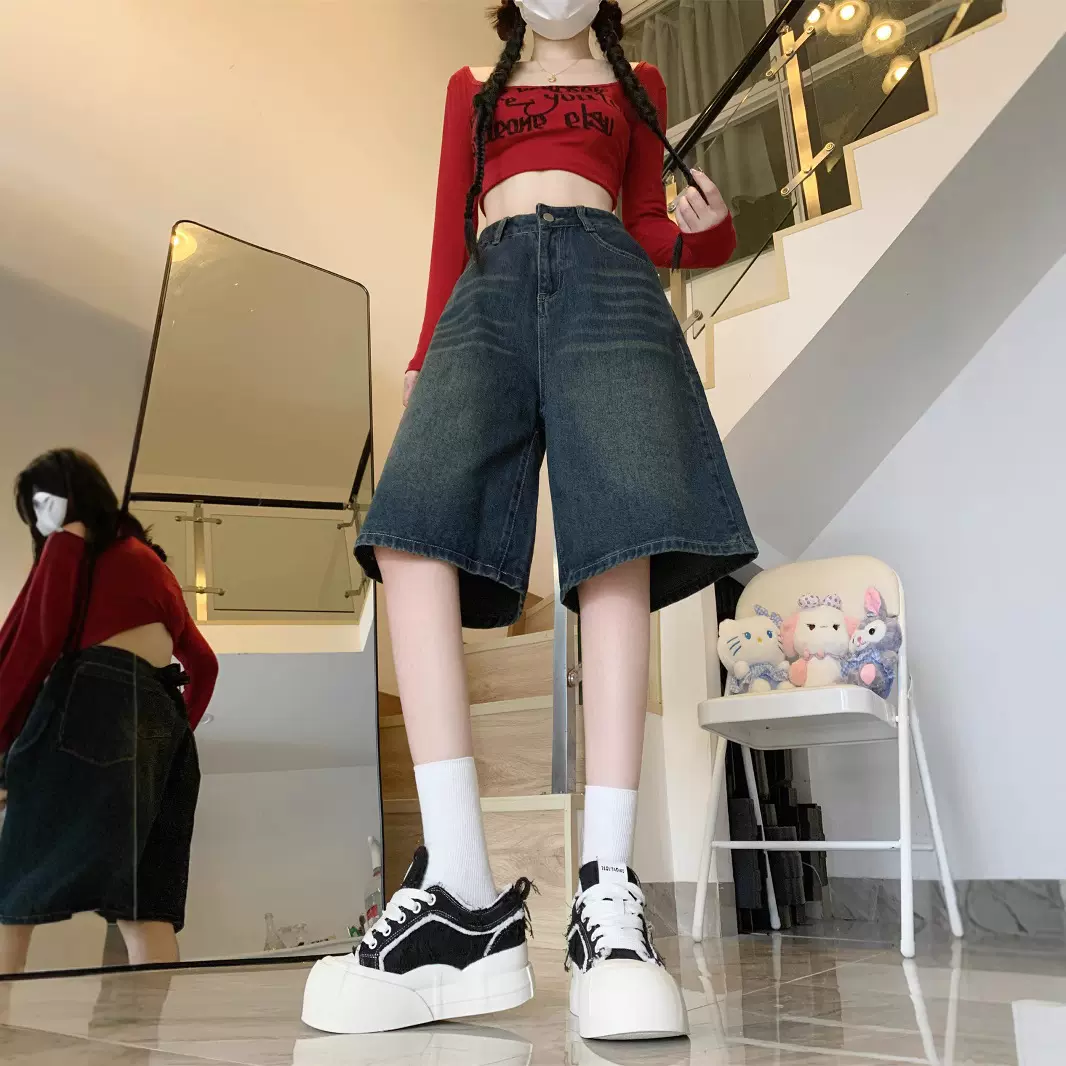 美式cleanfit复古做旧牛仔短裤女夏季新款高腰宽松阔腿五分裤中裤