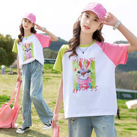 休闲风女中大童针织T恤圆领设计2024年夏季韩版童装短袖一件代发
