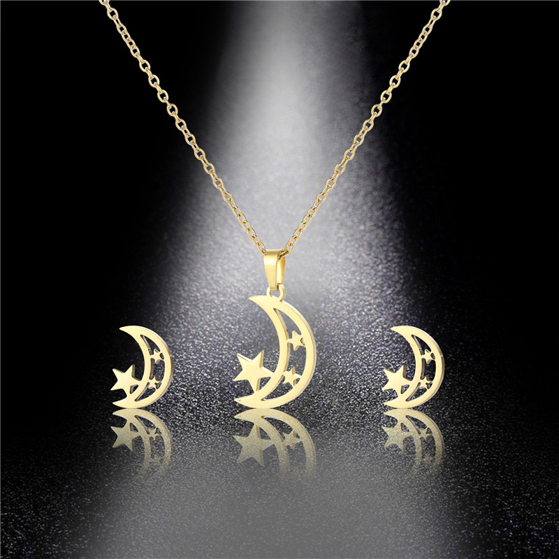 Star Moon Set Stainless Steel Hollow Star Moon Necklace Earrings Three-piece Clavicle Chain display picture 4