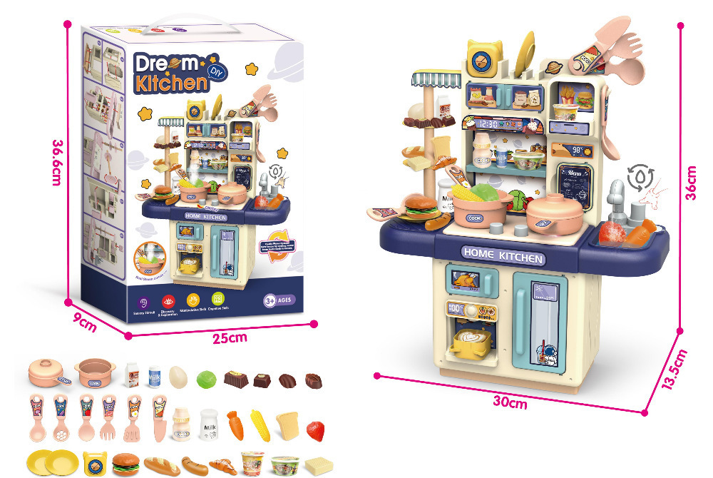 Comercio exterior infantil simulación de 36CM pulverización de luz de cocina de agua conjunto de mesa de platos de cocina de juguetes