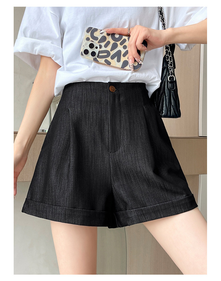 Quần short jean nữ lưng cao ống rộng gấu cuộn — màu đen chi tiết 35