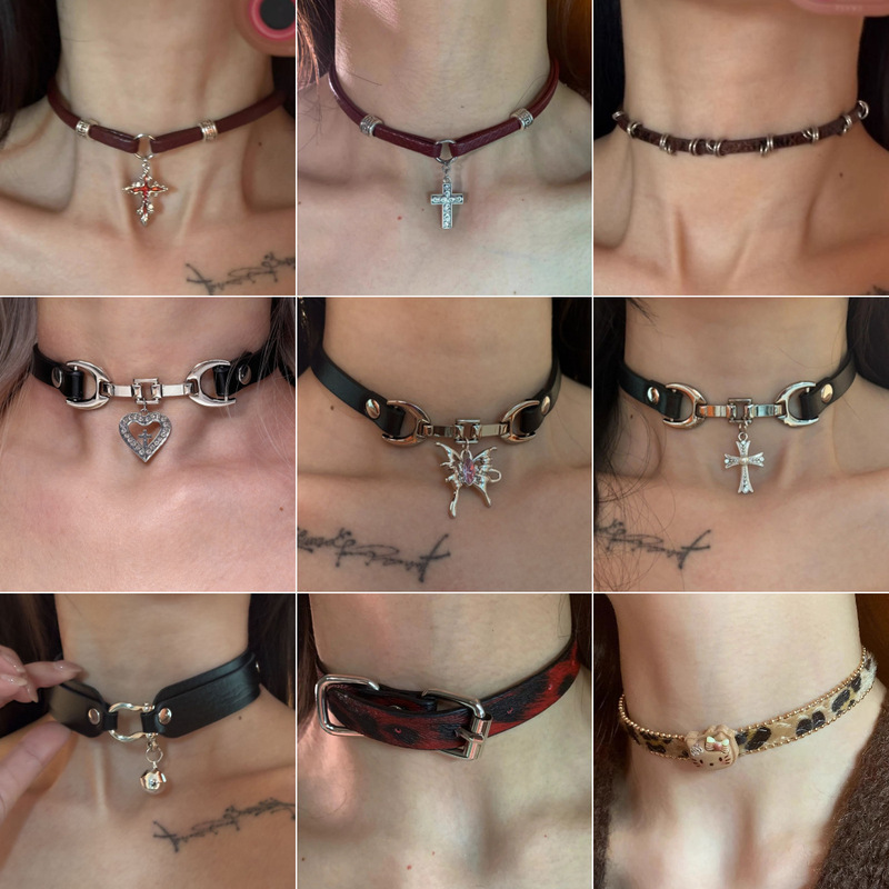 Hot Girl Style Choker Leather Collar Burgundy Cross Pendant Necklace Versatile Clavicle Chain High-End Collar Hot Girl Style Choker Leather Collar Burgundy Cross Pendant Necklace Versatile Clavicle Chain High-End Collar