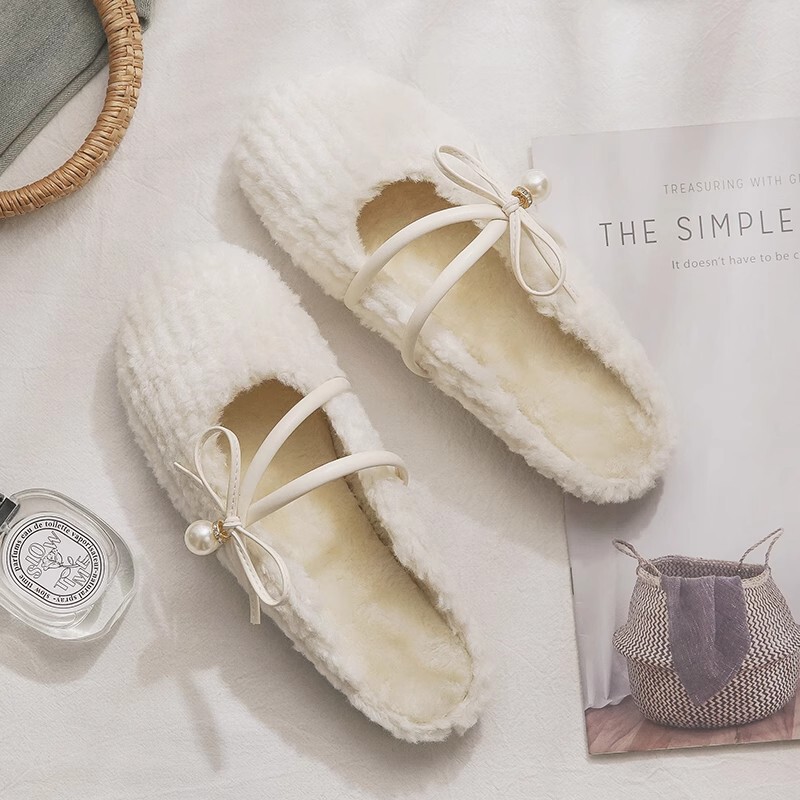 White Chanel Style Mao Mao Shoes Women's Winter Outfit fleece-lined Bridesmaid Women's Shoes Winter Cotton Shoes with Skirt Home Slippers