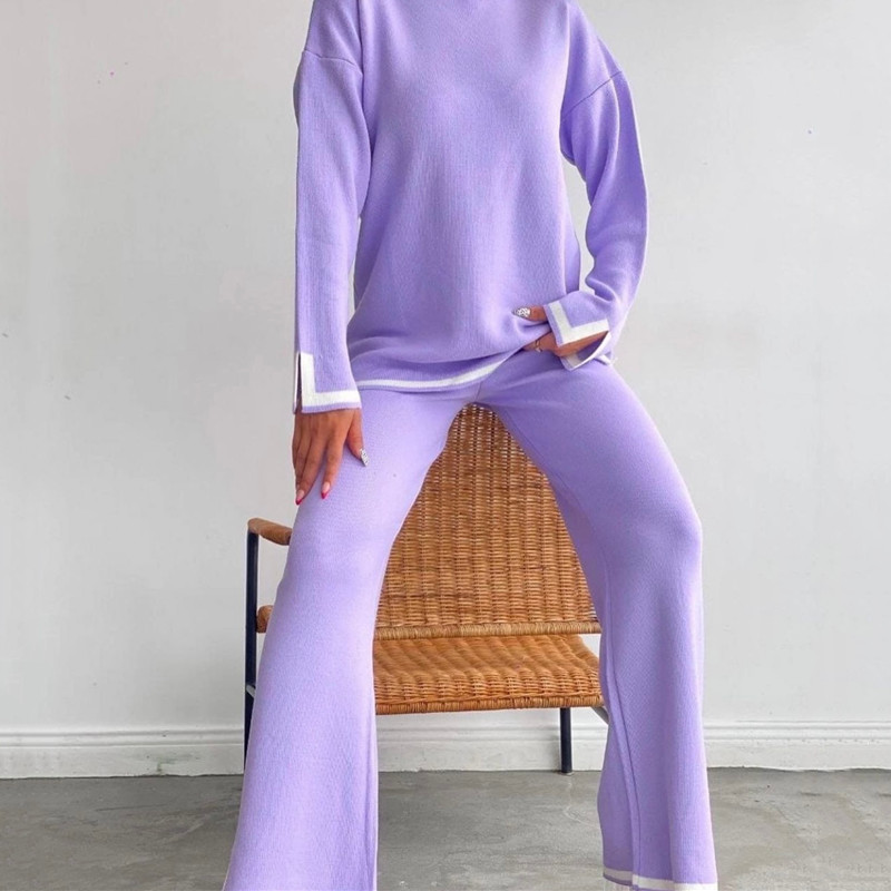 Damenbekleidung Langarmpulloveranzug Strickoberteil Hosenanzug_voghion.com