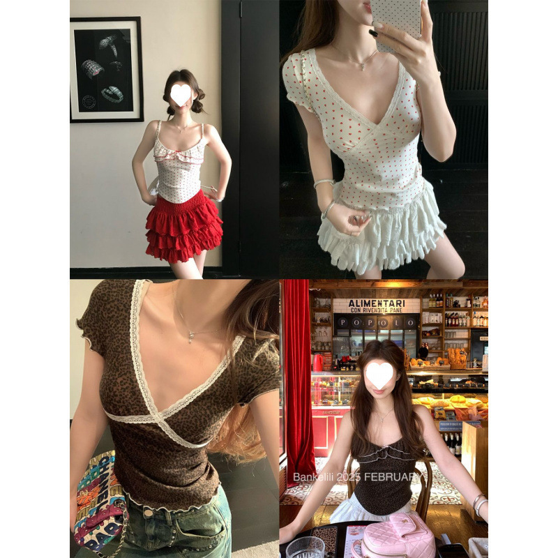Vネックレーススプライシング半袖Tシャツレディース夏韓国風痩身ボトリングシャツホットガール純粋な欲望スタイルショートトップ|undefined