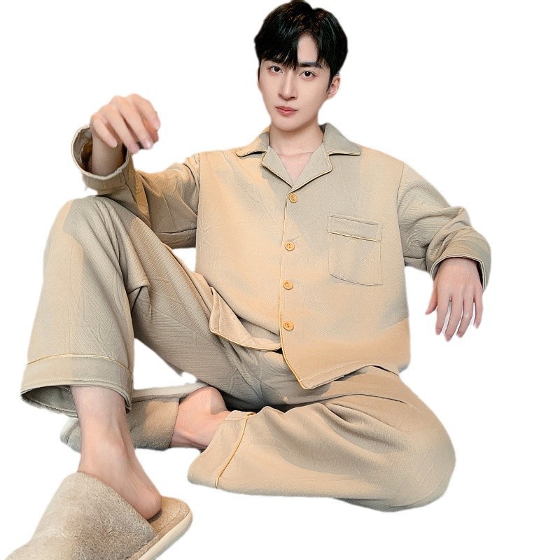 Pijama de algodón de aire para hombres primavera y otoño invierno intercalado de manga larga de algodón para jóvenes engrosados Cardigan conjunto de ropa para el hogar
