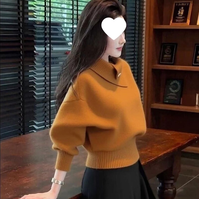 2025 oversized autumn/winter Korean-style old money loose sweater with a soft orange high-neck design