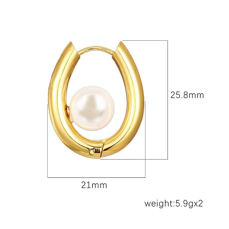 La moda europea y americana incrusta perlas de acero inoxidable oval perlas de estilo femenino de alto nivel lujoso ligero orejas de oro 18K