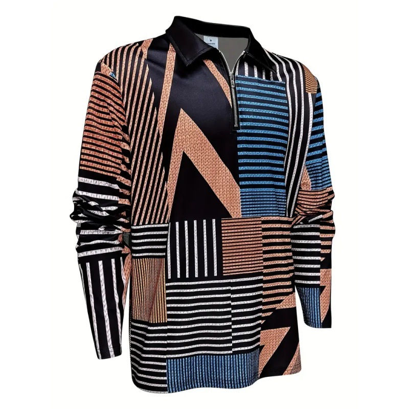 Camisa POLO con cremallera de manga larga y suelta con estampado 3D a rayas geométricas abstractas simples y versátiles para hombres