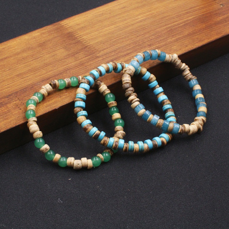 Vacation-style Coconut Shell Green Flat Natural Stone Vintage Wooden Beads Elastic Handmade Beaded Bracelet Couple's_voghion.com