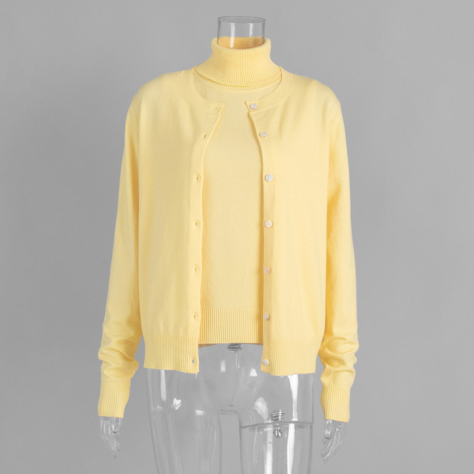 Bộ áo len dệt kim nữ cổ cao không tay kèm áo cardigan dáng suông — Áo vest màu nâu, Áo vest màu xám đậm, áo vest màu vàng, áo vest màu xanh chi tiết 11
