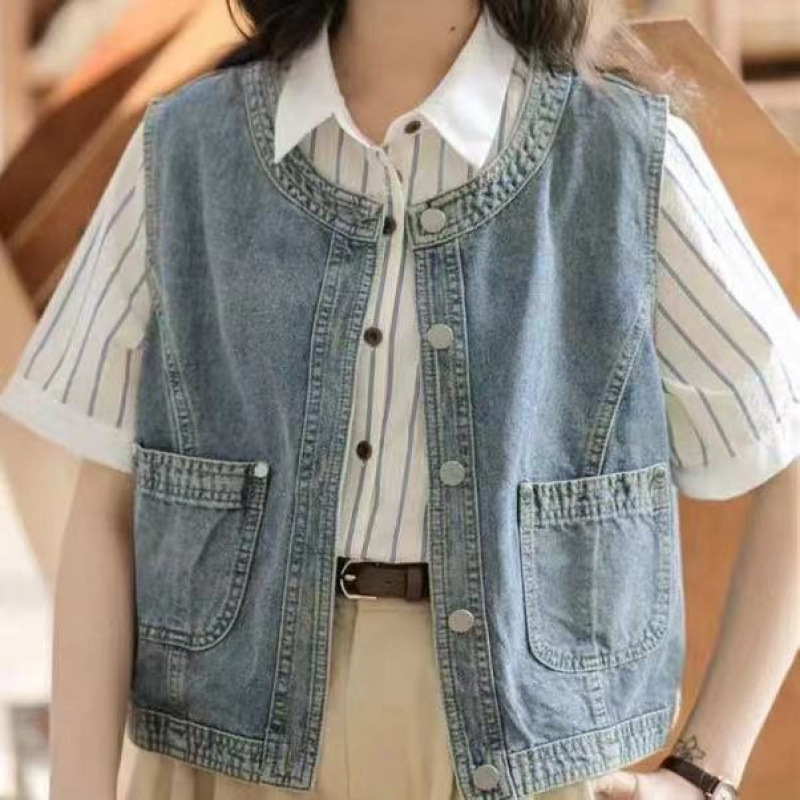 Japanese Retro Literary Denim Vest for Women, Summer New Loose Round Neck Versatile Casual Vest Top Trendy