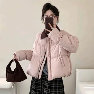 冬季白鸭绒羽绒服女2026新款宽松短款学院风小个子灯芯绒翻领外套