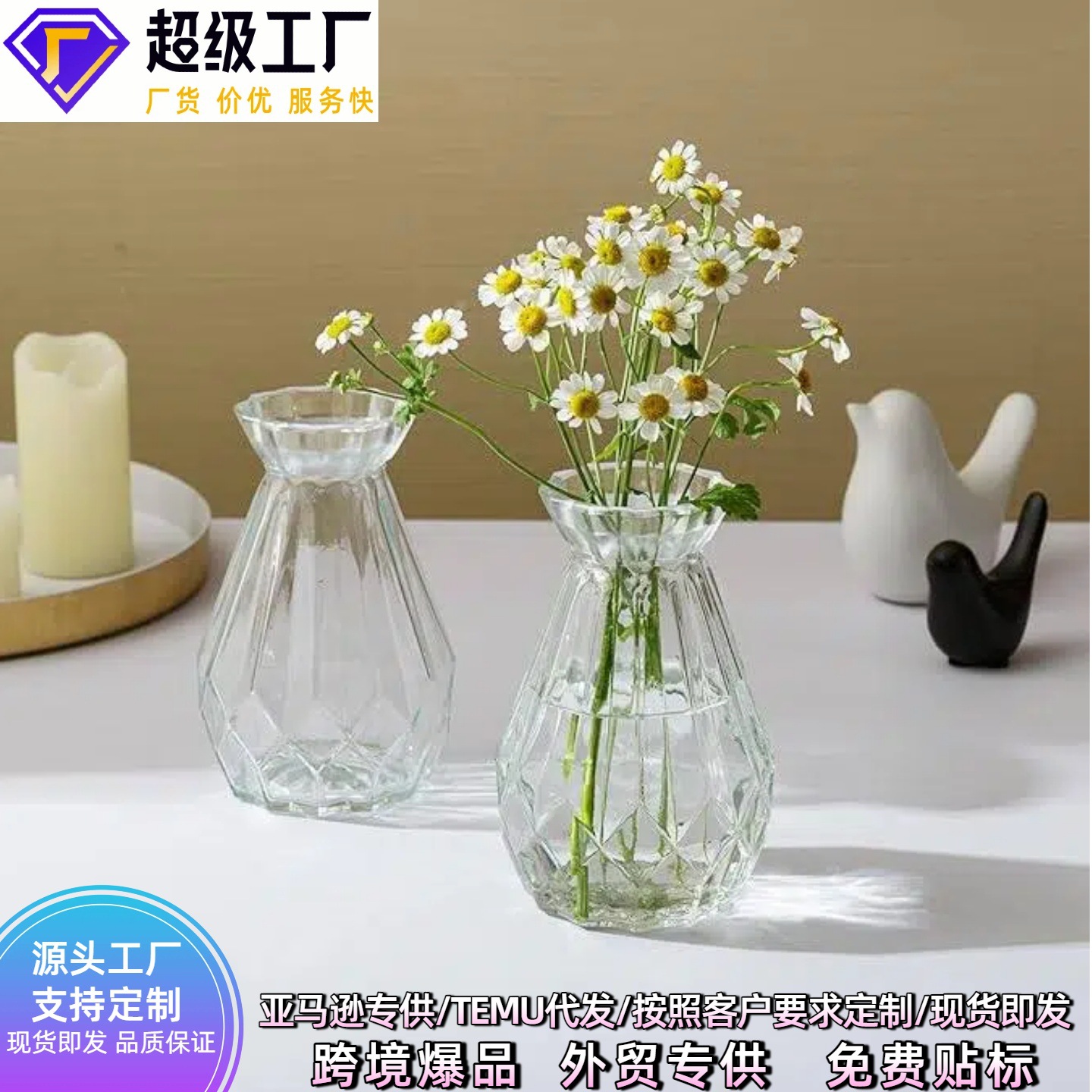 跨境热销复古大玻璃花瓶透明水养水培家居桌面摆件迷你装饰小花瓶