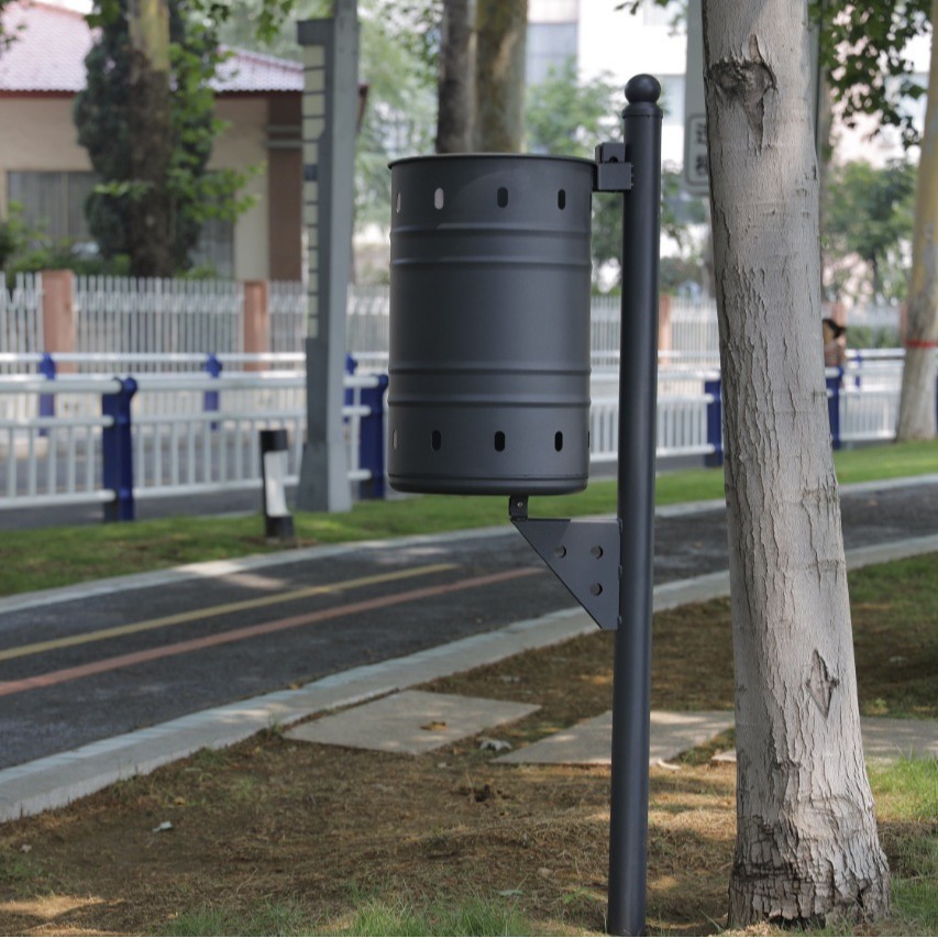 批发高品质镀锌钢街道公园倾斜式金属立杆垃圾桶跨境现代垃圾箱