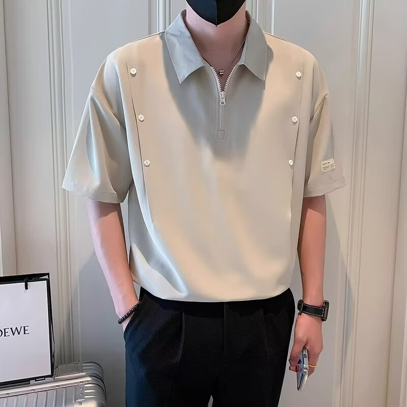 Casual Short-sleeved Men's 2024 High-end Summer Light Luxury Men's Fashion Brand Loose Short-sleeved Polo Shirt Half-zipper Top