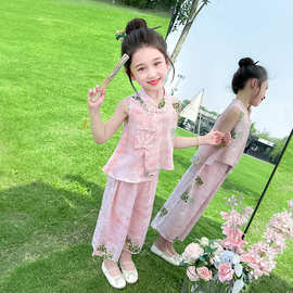 汉服女童棉绸套装夏季2026新款洋气时髦儿童装新中式女宝宝两件套
