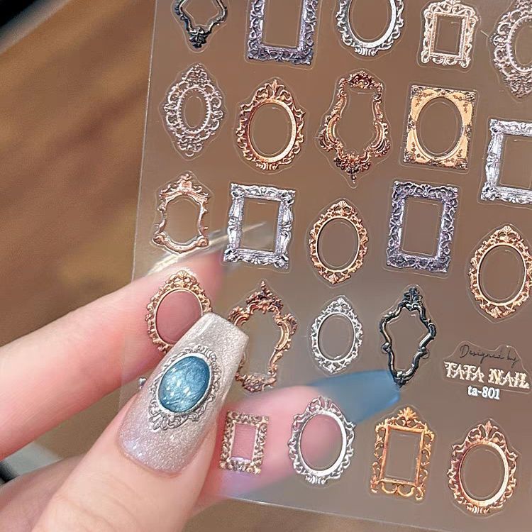 Autumn and Winter New Popular Retro Photo Frame Oil Painting Stereo Pattern Embossed Nail Art Stickers Popular Nail Patch Decoration