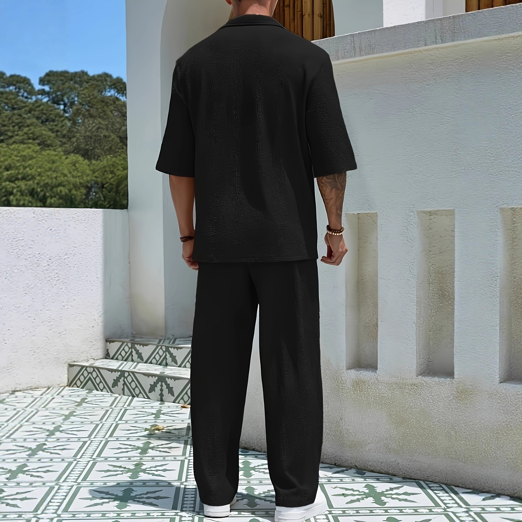 Men's Casual Two-Piece Suit Short Sleeve Solid Color Shirt And Trousers Set For Commuting American Style_viptrois.com