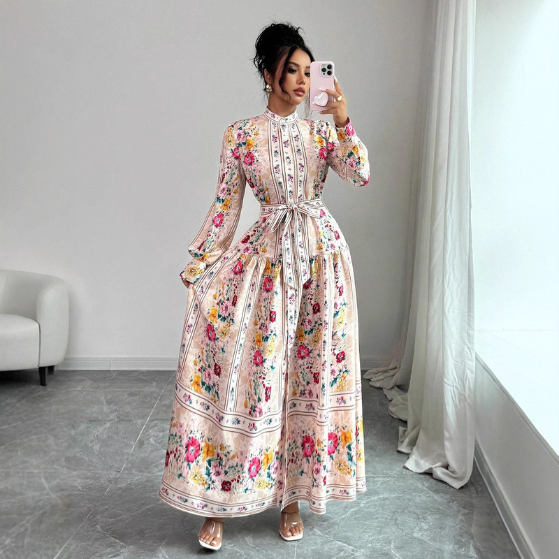 Elegant Small Floral Long-Sleeved Lapel Shirt Dress, Romantic Floral Design, Waist-Cinching and Figure-Flattering Long Skirt