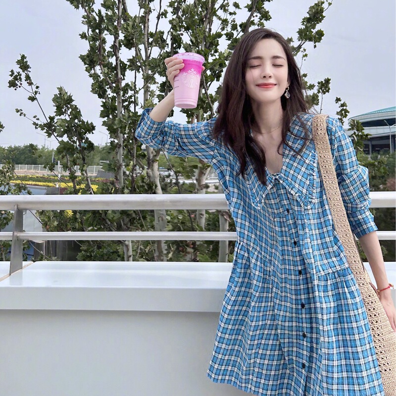 25 Early Spring New Seersucker Sky Blue Plaid Doll Collar Shirt Dress Loose Dress 25 Early Spring New Seersucker Sky Blue Plaid Doll Collar Shirt Dress Loose Dress