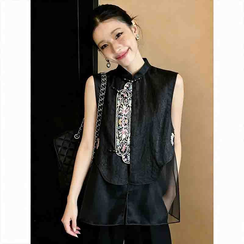 Light Luxury Xiangyun Silk New Chinese Style Shirt Vest for Women with Mesh Patchwork and Heavy Embroidery National Style Top Light Luxury Xiangyun Silk New Chinese Style Shirt Vest for Women with Mesh Patchwork and Heavy Embroidery National Style Top