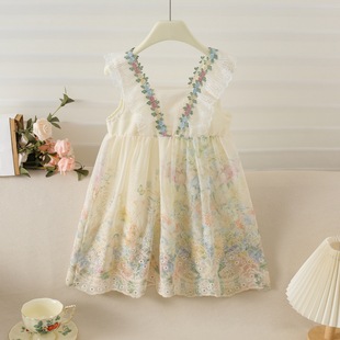 6727 Girls Summer Dress 2025 New Floral Style Skirt Little Girl Princess Style Super Fairy Sleeveless Skirt