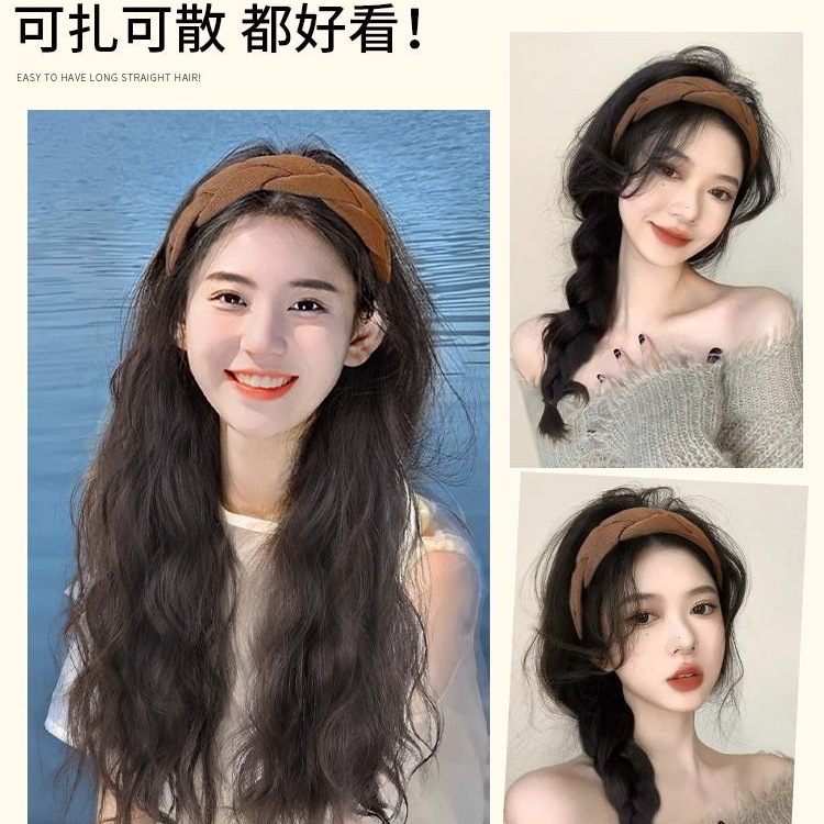 Tiktok Venta caliente diadema peluca mujer de una pieza de moda natural media cabeza cubierta simulación aumento de cabello cubierta de cabeza completa pelo largo y rizado