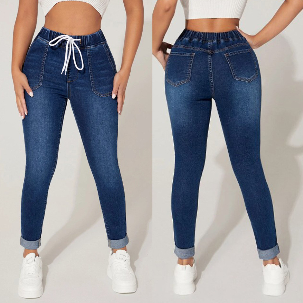 Cross-Border European and American Women's Nine-Point Jeans Amazon's New Drawstring Elastic Waist High Elastic Leg Jeans