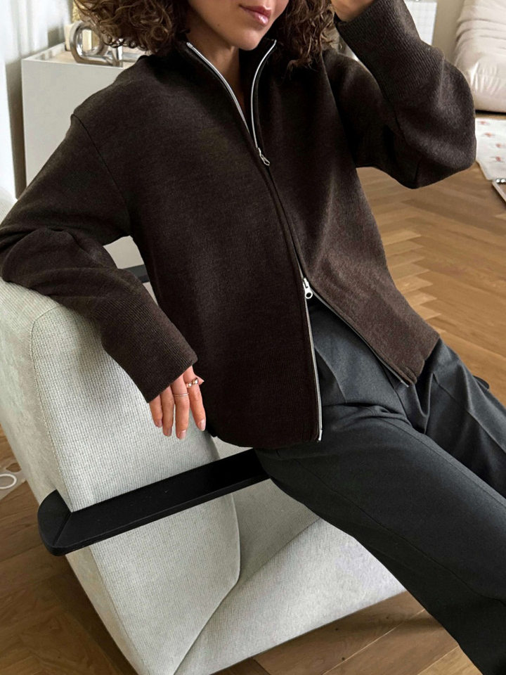 Áo khoác cardigan len dệt kim cổ đứng khóa kéo hai chiều dài tay — Màu nâu cà phê, Màu trắng, màu đen, màu đỏ