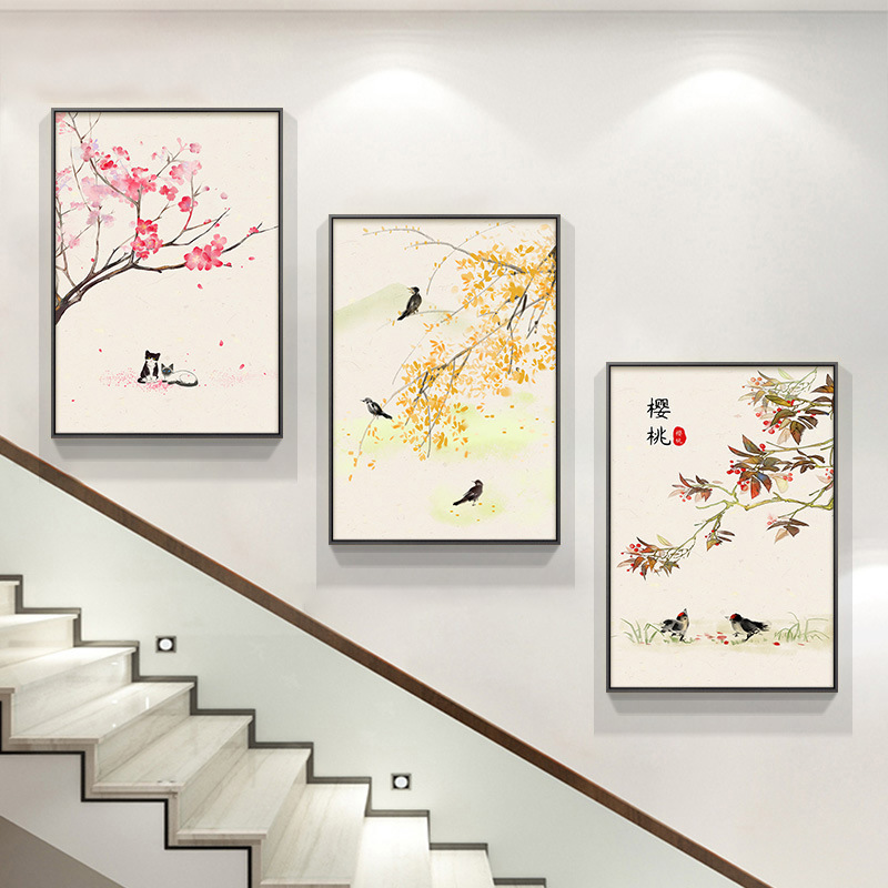 深セン大芬油画村階段階段間装飾画新中国式花鳥ハスの花複式壁画客間|undefined