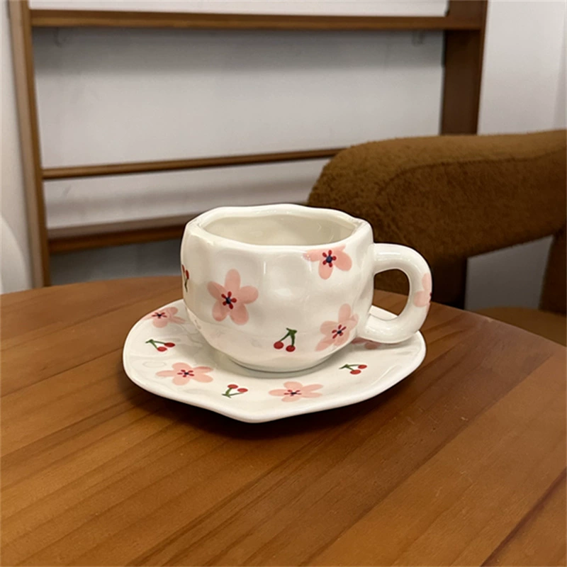 Ceramic coffee cup set INS Japanese retro, hand-painted irregular saucer, vintage style