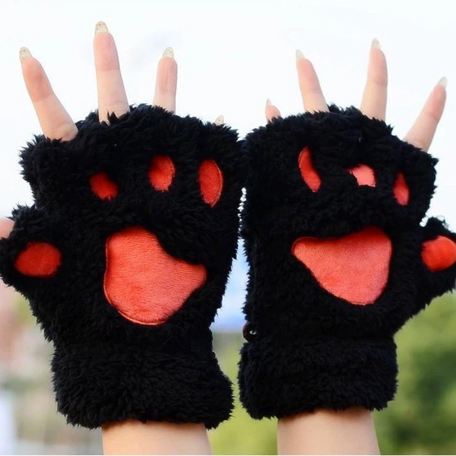 Keep warm gloves, winter velvet cartoon cute set for elementary school students for office, fingerless, increased thickness