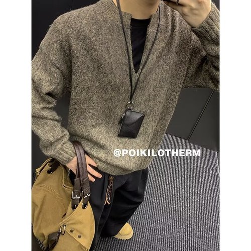 Men's V-neck Solid Color Sweatshirt for Winter - Grey - High-end Loose Casual Knit Top