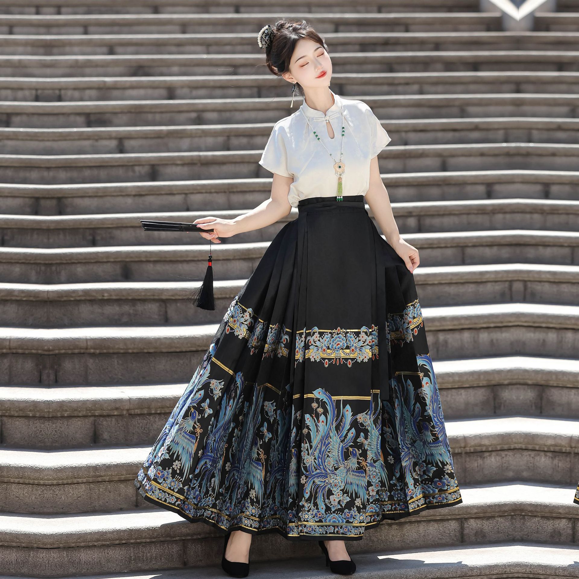 Imitation Dot Emerald Phoenix Horse Face Skirt Woven Gold Imitation Makeup Flower Han Dynasty Skirt Suit 2024 New National Style Long Skirt