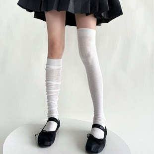Spring and Summer Thin Cotton Micro-transparent Vertical Over-the-knee Socks Women's Summer Korean-style Slimming High Socks Solid Color Simple Calf Socks
