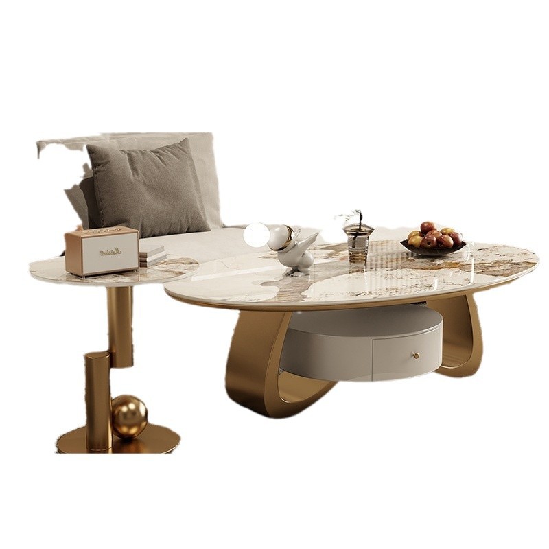 Salón de estar de estilo doméstico mesa de té de tabla de roca de lujo ligera moderna combinación de tamaño oval simple diseñador con tabla de borde
