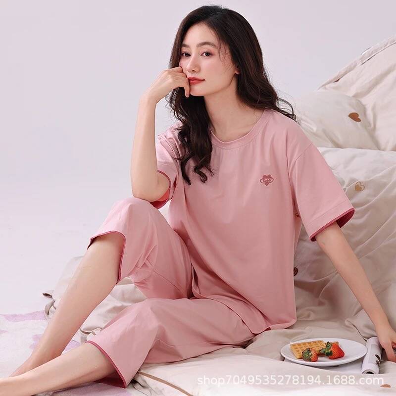 High-End Cotton Pajamas for Women, Summer Short-Sleeved Cropped Pants, Round Neck, Sweet, Loose, Large Size Two-Piece Suit, Home Clothes