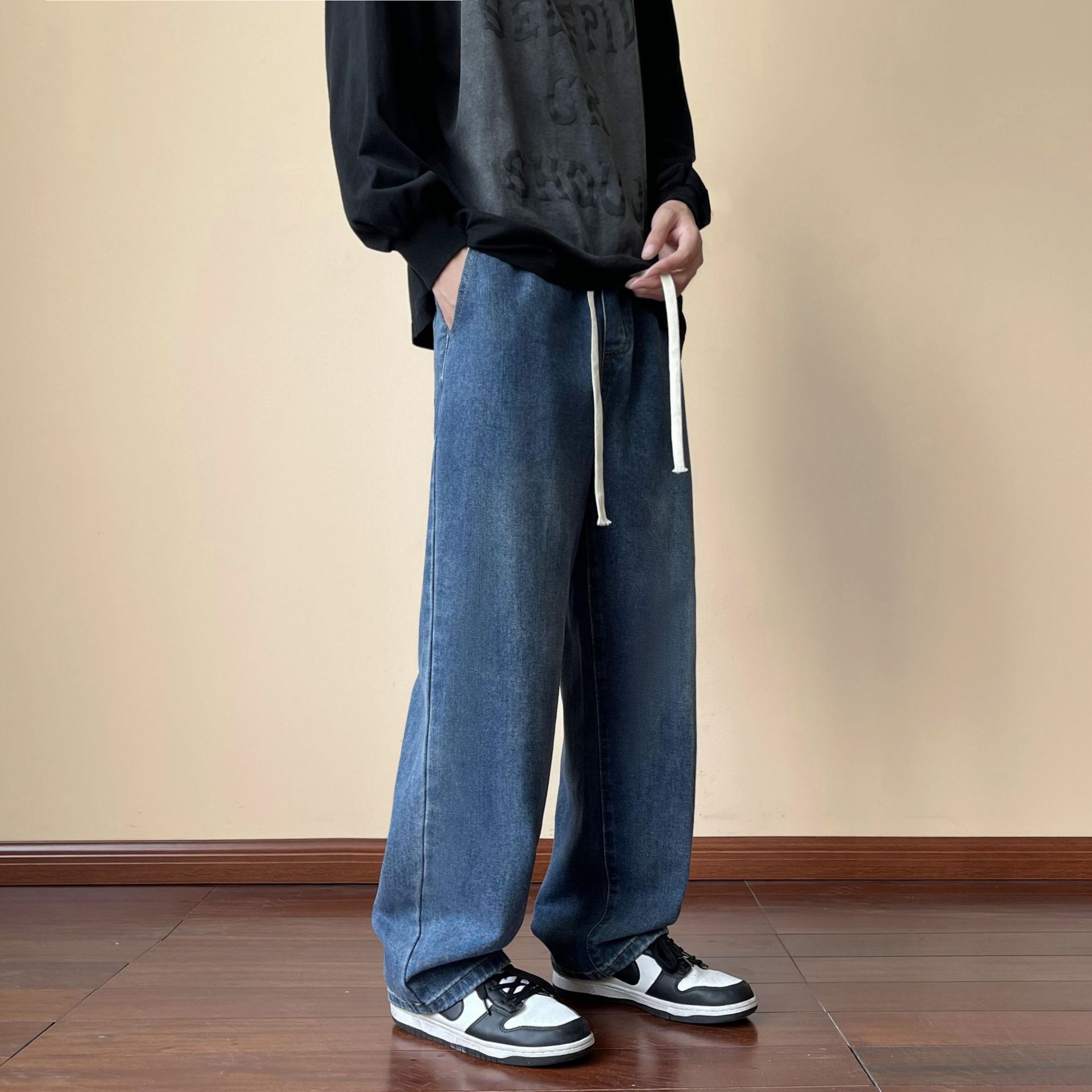 LKTM Men's Wear # Yellow Mud Dyeing American High Street Jeans Pantalones de pierna recta sueltos con cintura elástica de marca de moda para hombres