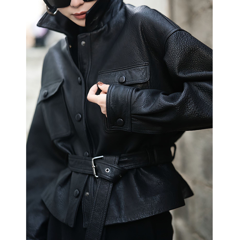 Haining 2025 New Autum Goatskin Song Jia's Same Goatskin High-End Short Motorcycle Leather Jacket for Women