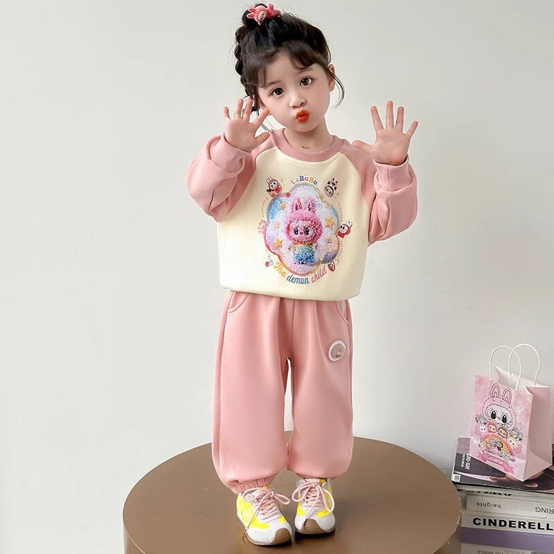 2025新款秋款女中童卡通拉布布亮片变脸卫衣翻片儿童撞色套装|undefined