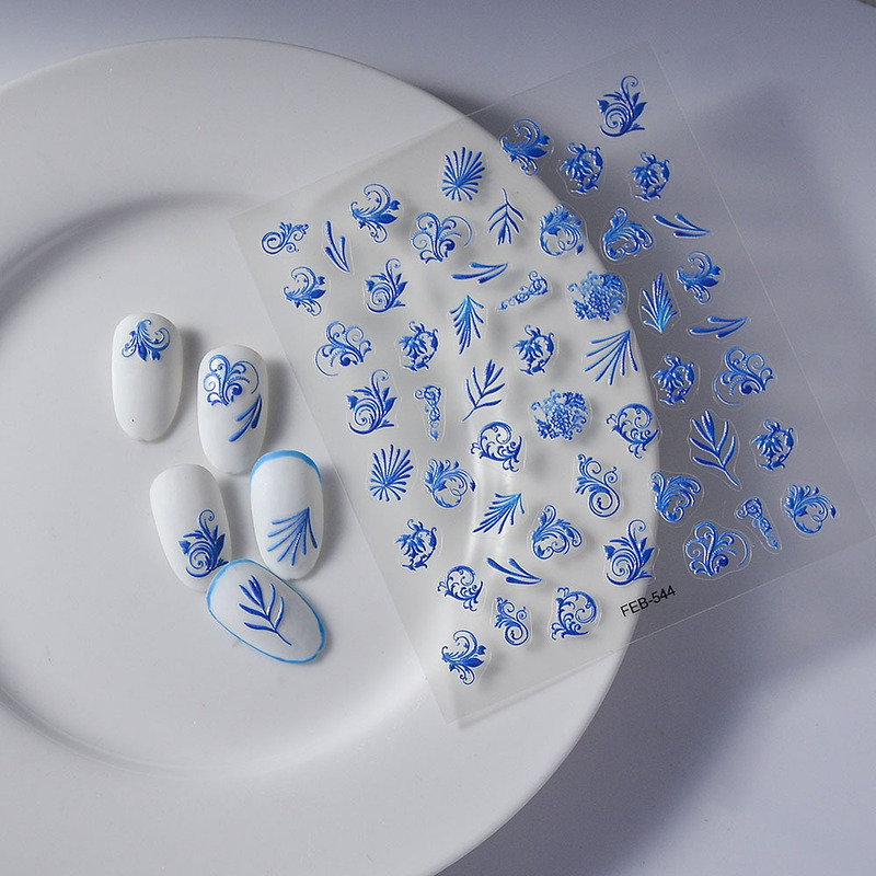 Internet celebrity ultra-thin nail stickers original pen sketch blue and white porcelain plant material nail relief stickers Internet celebrity ultra-thin nail stickers original pen sketch blue and white porcelain plant material nail relief stickers