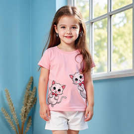 p8423 跨境外贸ins 女童 夏季粉色圆领短袖猫咪印花T恤+白色短裤