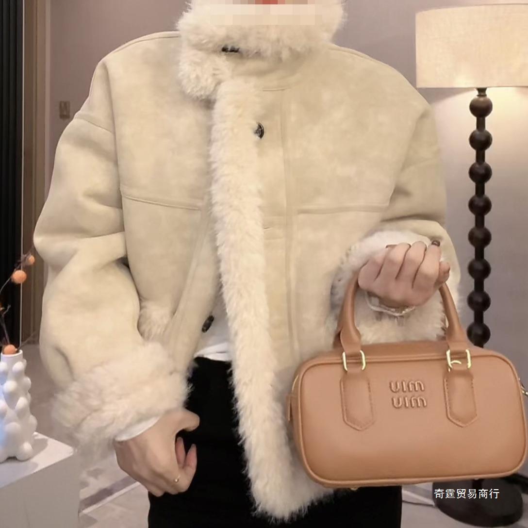 수직 칼라 단일 브레스트 단색 모피 원피스 두껍게 긴 소매 코트 탑 쌀 화이트 다크 브라운 다른 하이 퀄리티