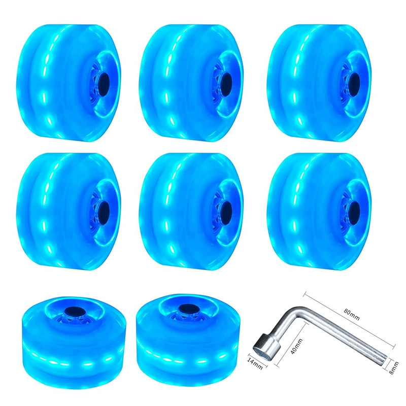 Flashing polyurethane skate wheels, 32 mm, LED motion‑activated, blue/white/pink, sets with tools