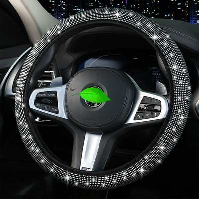 Cross-Border Car Steering Wheel Cover with Rhinestones, Diamond-Encrusted Steering Wheel Cover, Elastic Rimless Car Handle Cover, Fully Encrusted with Diamonds (Steering wheel cover) - white-38cm