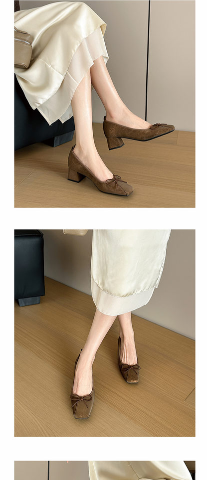 Giày búp bê nữ mũi vuông da lộn thắt nơ gót thô 3–6 cm — Màu nâu, Màu xám đen chi tiết 5