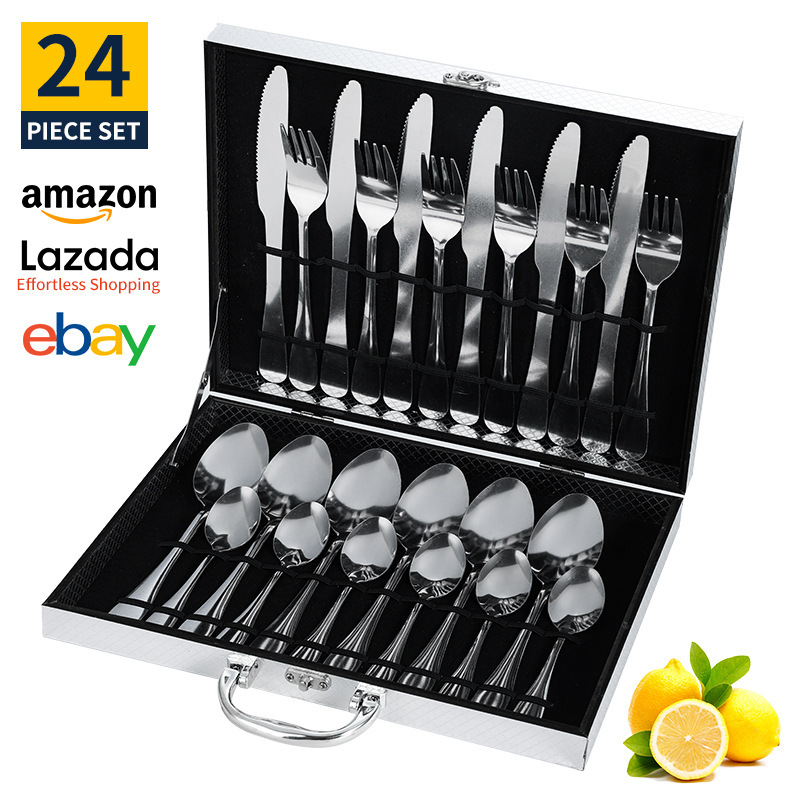Conjunto de cubiertos de acero inoxidable transfronterizo de 24 piezas cuchillo de filete cuchara de cubiertos occidentales caja de regalo estado de ánimo cuchillo de huevo exportación