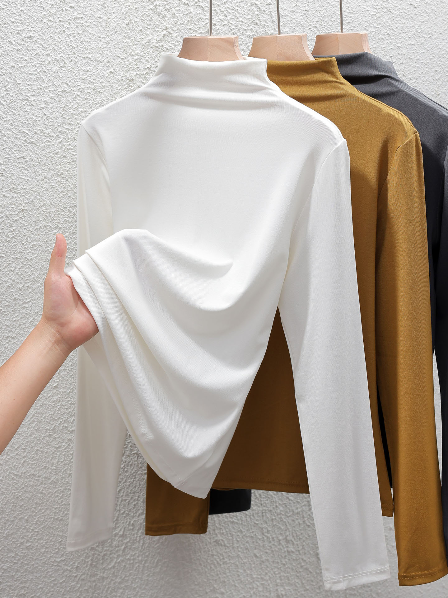 White base body-friendly face mask, demi-season fitted long-sleeve, high collar, new collection, plus size